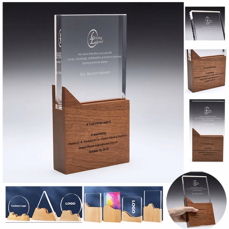 Engraved Crystal Trophy Award With Wooden Base