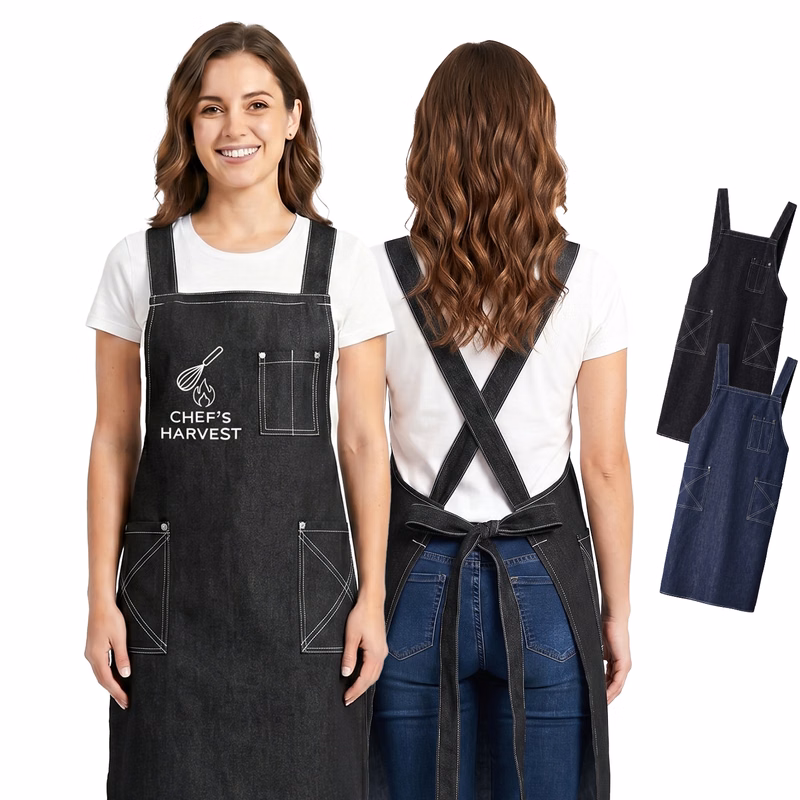 Cotton Denim Kitchen Aprons w/ Cross Strap & 3 pockets