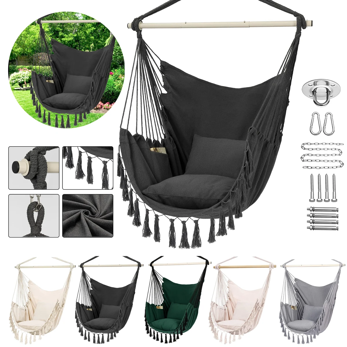 Hammock Chair Hanging Rope Swing with Cushions 1