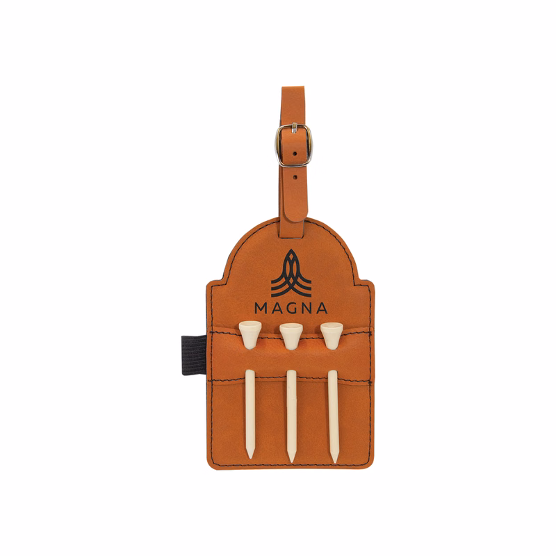 3" x 5" Rawhide Leatherette Golf Bag Tag w/ 3 Wooden Tees