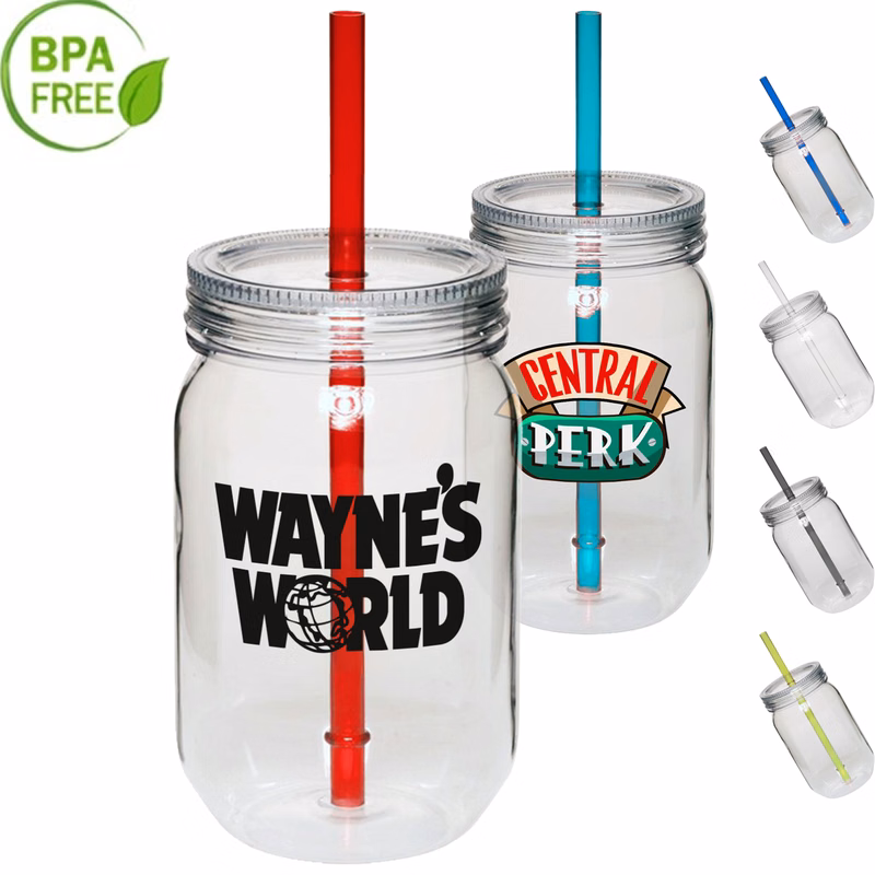24 oz. Single Wall Mason Jars With screw-on lid and straw