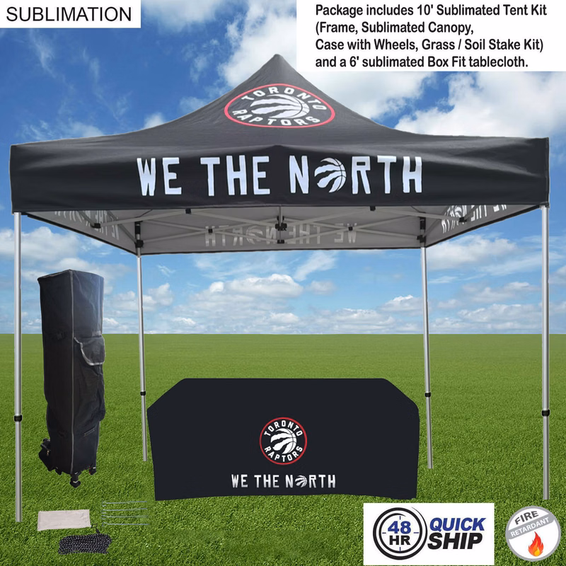 48Hr Quick Ship -Event Package, 10' Premium sublimated Tent Kit and 6' Sublimated Box Fit Tablecloth