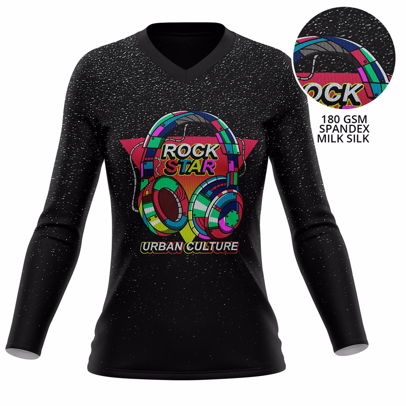 Women's 180 GSM Spandex Milk Silk Sublimation Performance Long Sleeve V-Neck T-shirt