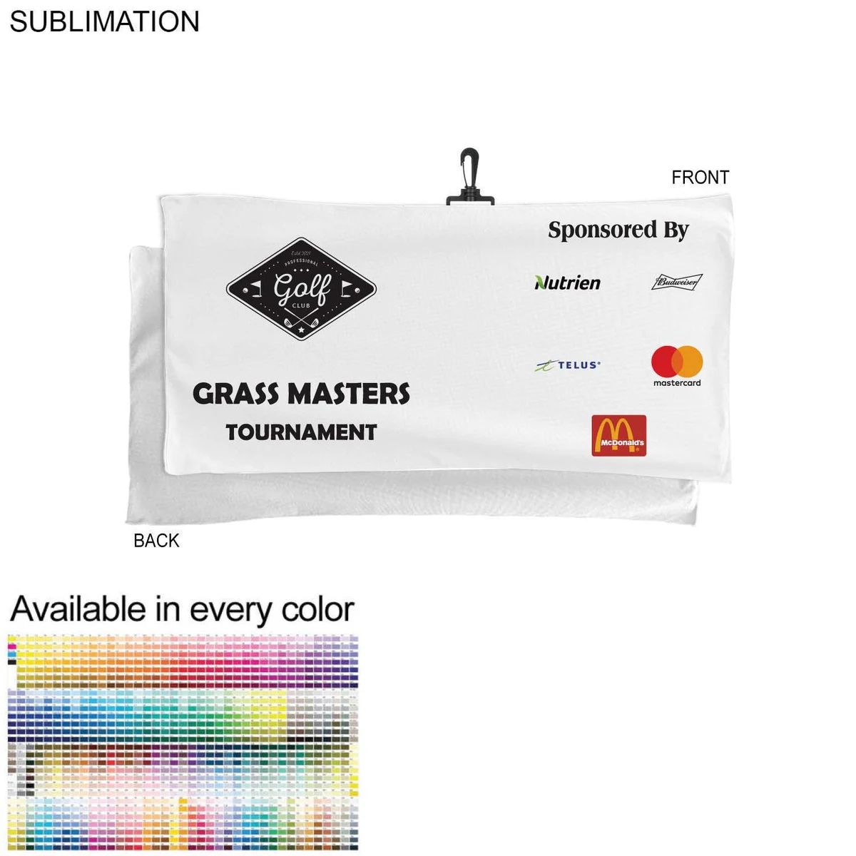Oversized Golf Towel in Microfiber Dri-Lite Terry, 22x44, with Black Swivel Hook, Sublimated 1 side 1