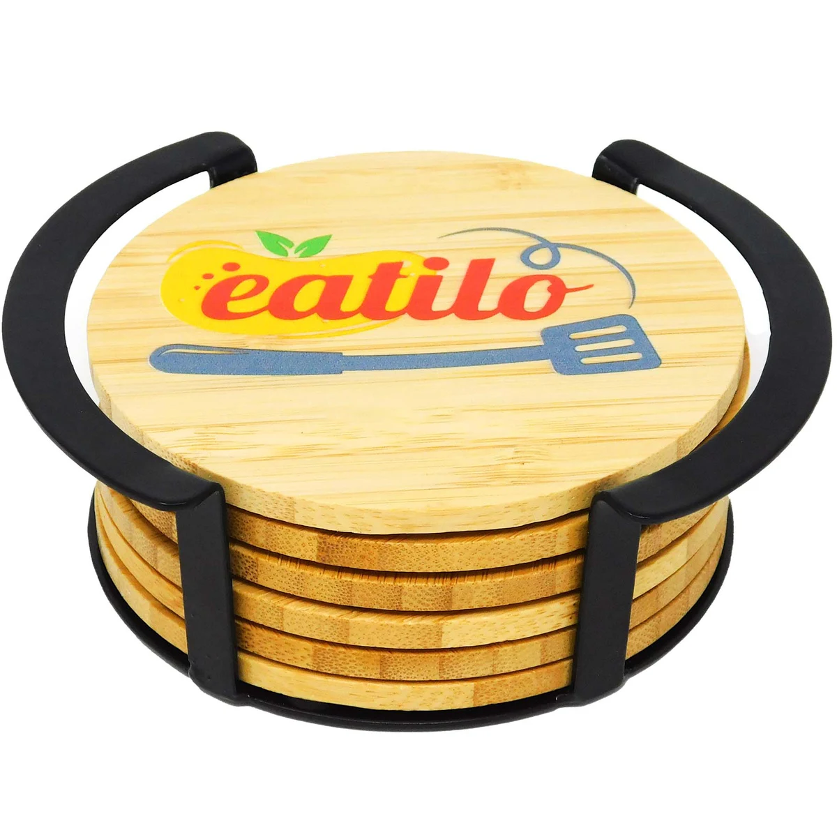 6 Pc. Round Bamboo Coaster Set with Black Metal Stand 1