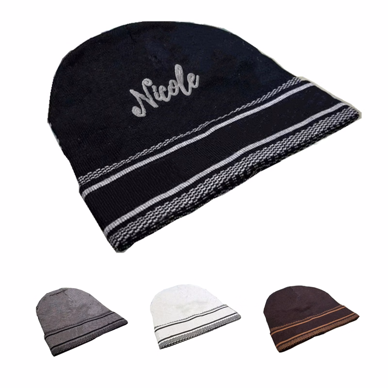 Warm Stripe Acrylic Knit Beanie Hat