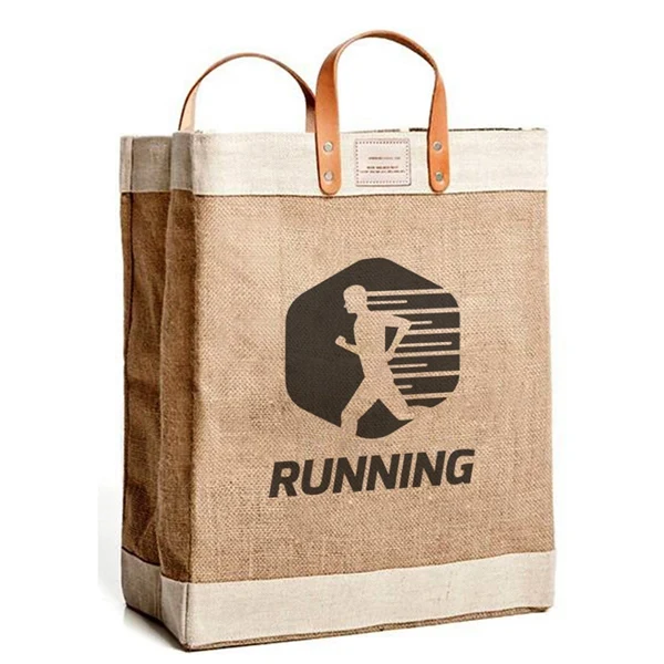 Jute Utility Tote Bag W/Leather handles, custom tote bag with logo imprint 1