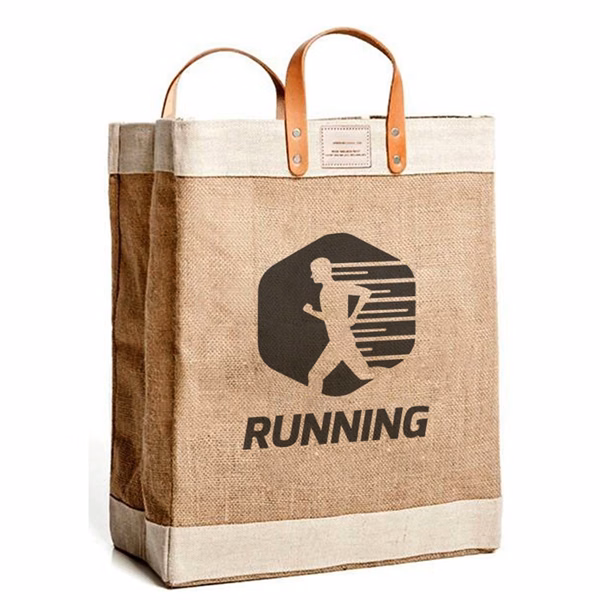 Jute Utility Tote Bag W/Leather handles