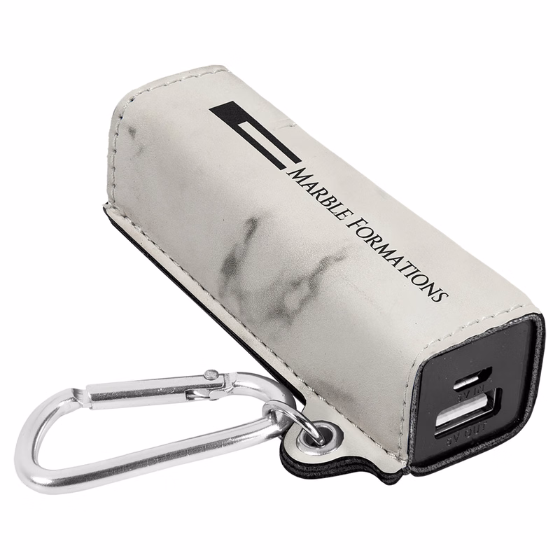 White Marble Leatherette 2200 mAh Power Bank with USB Cord