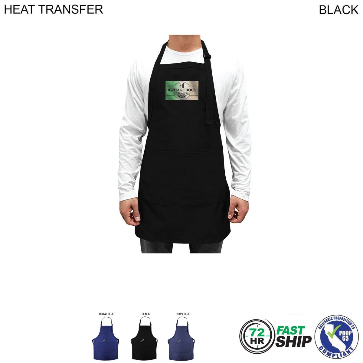 72 Hr Fast Ship - Domestic made Twill Bib Apron, 25x28, 2 Pockets, Adjust Neck, Heat Transfer Logo 1