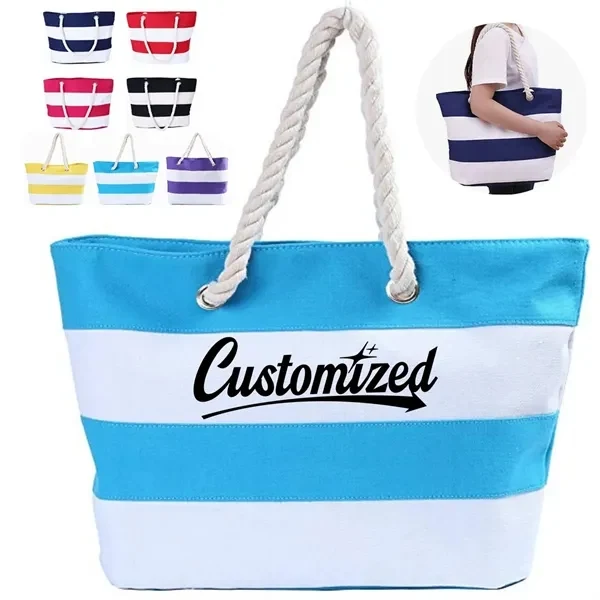 Custom Canvas Nautical Striped Beach Tote with Rope Handles — Coastal Event Promo, custom tote bag with logo imprint 1