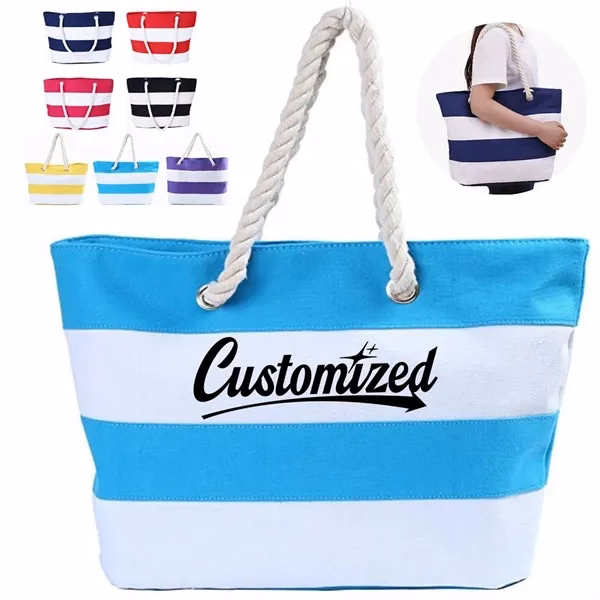 Custom Canvas Nautical Striped Beach Tote with Rope Handles — Coastal Event Promo