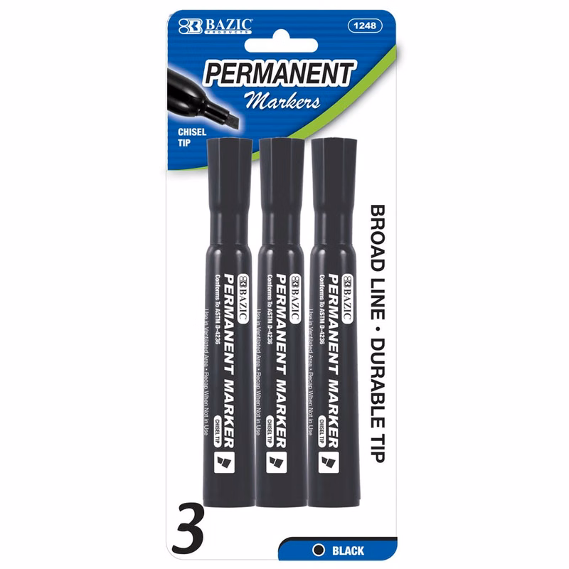 Markers - 3 Count Permanent Black Chisel Tip