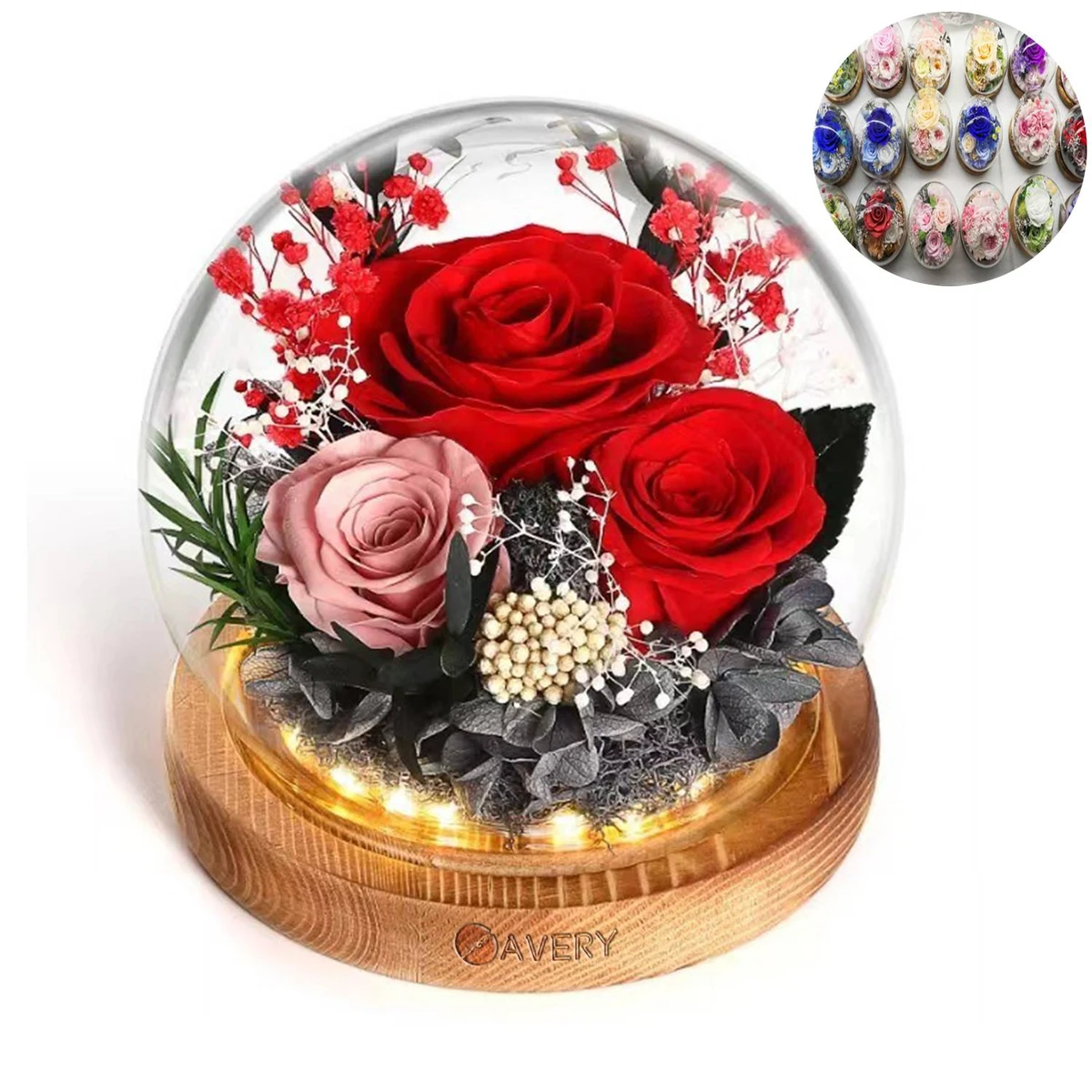 Custom Glass Dome Eternal Flowers w/ LED Light 1