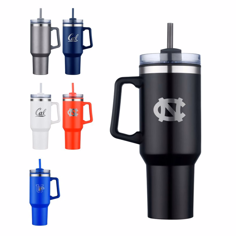 Union Printed - 40 Oz. Double Wall Insulated Travel Mug w/ Handle and Straw - Laser Engraved