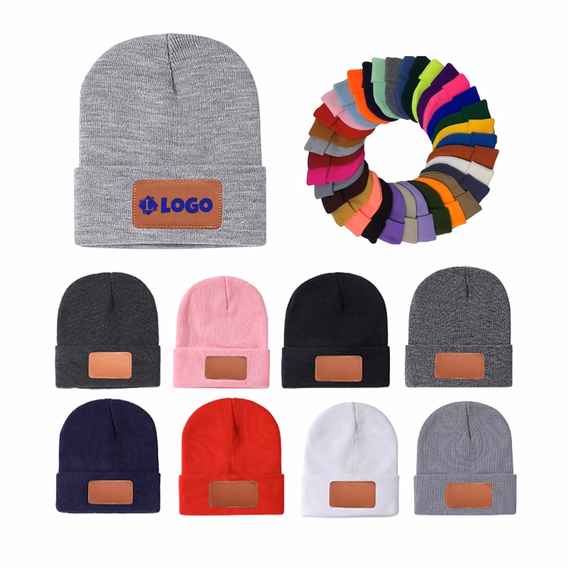 Elegant Beanie Hat with PU Leather Patch