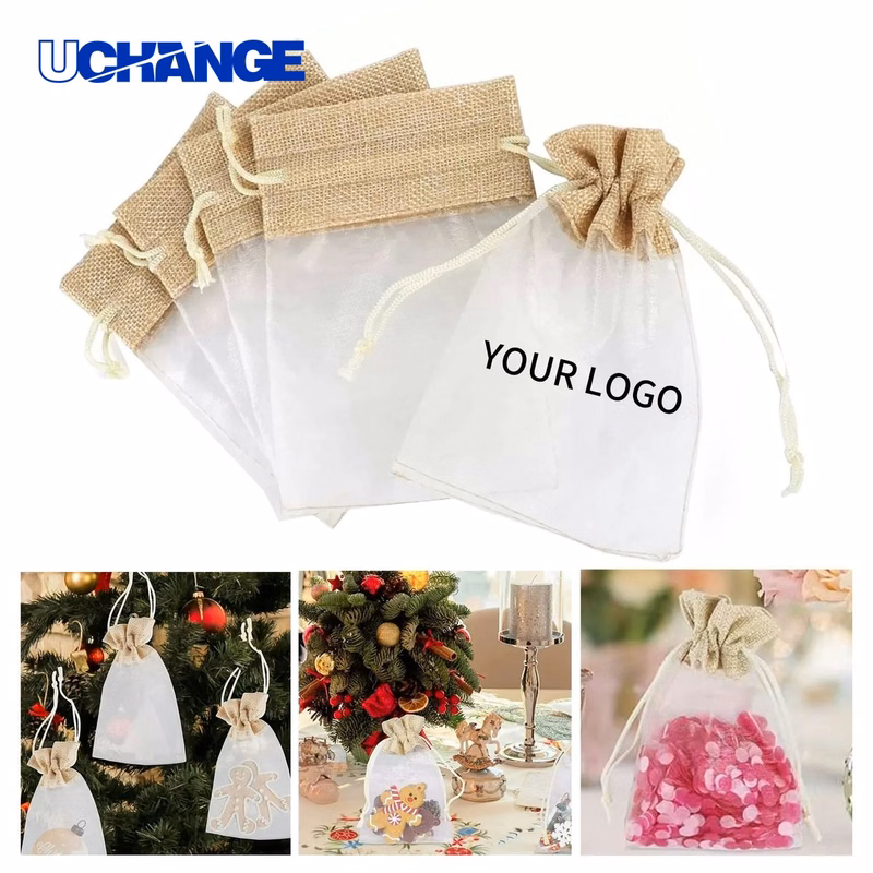 Linen Organza Gift Bag Pouch Drawstring Splicing Design