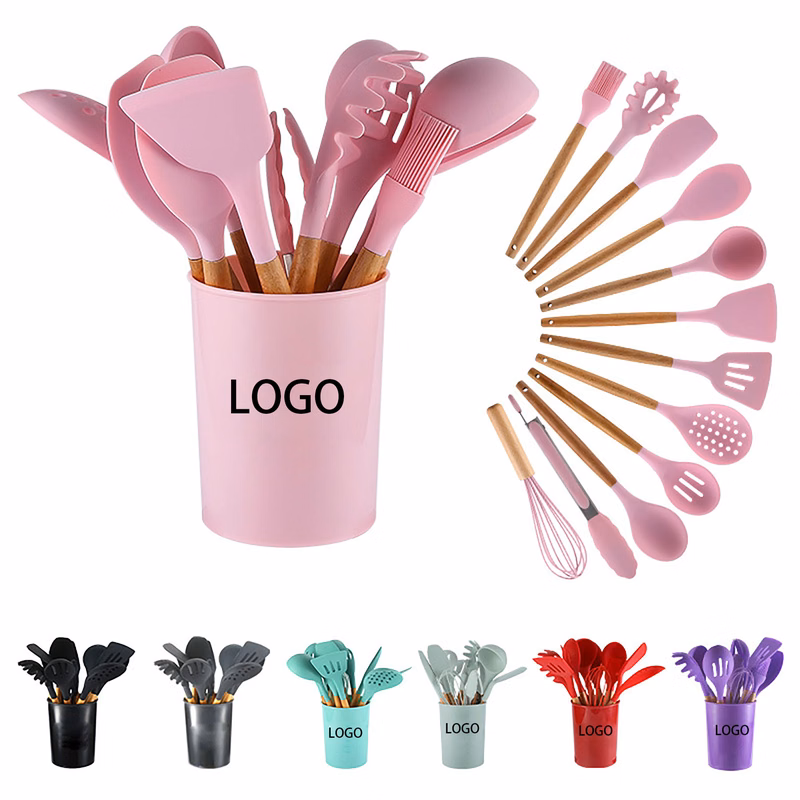 12 Pcs Non-stick Silicone Cooking Kitchen Utensils Spatula Set w/ Holder Wooden Handles