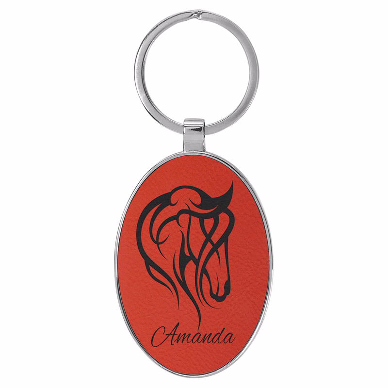 3" x 1 3/4" Leatherette/Metal Red Oval Keychain