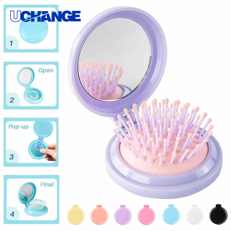 Folding Portable Travel Hair Brush with Mirror