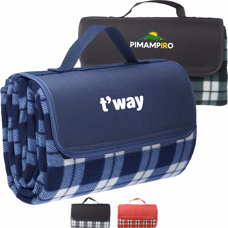 Fleece Blanket w/ Grid Pattern Design & Woven Handle Roll Up