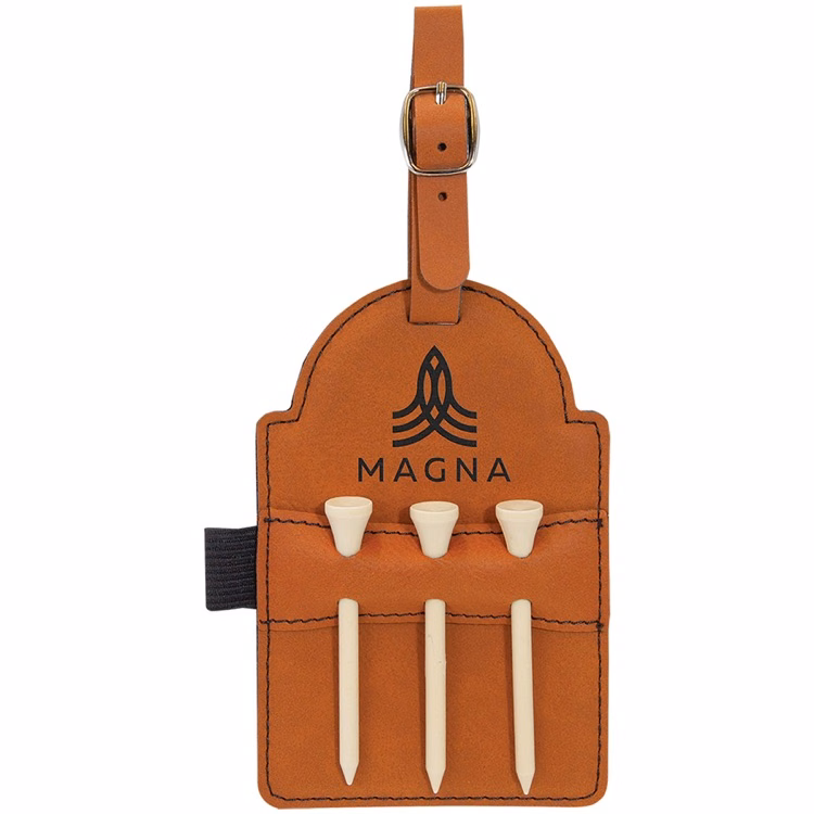 5" x 3 1/4" Rawhide Leatherette Golf Bag Tag with 3 Wooden Tees