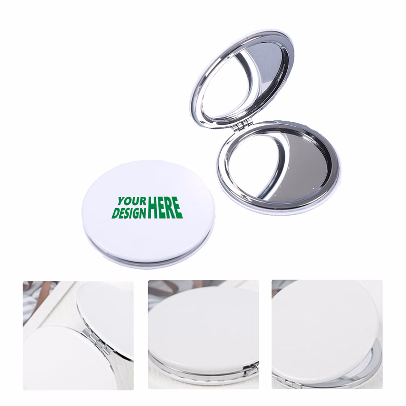 MOQ 50 White PU Folding Pocket Mirror Personalized Travel Makeup Mirror
