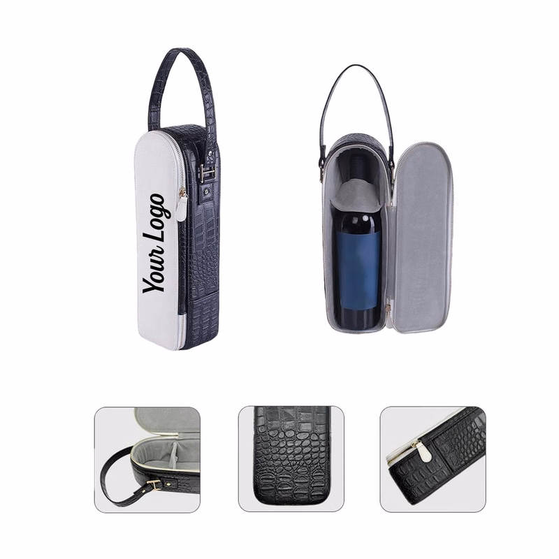 PU Leather Zippered Wine Bottle Bag