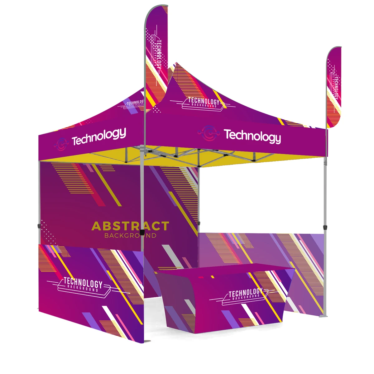 10' X 10' Premium Hex Aluminum Frame, Dye Sub Canopy, 3 Walls, Two 9' Feather Flags & 6' Table Cover 1