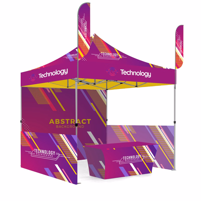 10' X 10' Premium Hex Aluminum Frame, Dye Sub Canopy, 3 Walls, Two 9' Feather Flags & 6' Table Cover