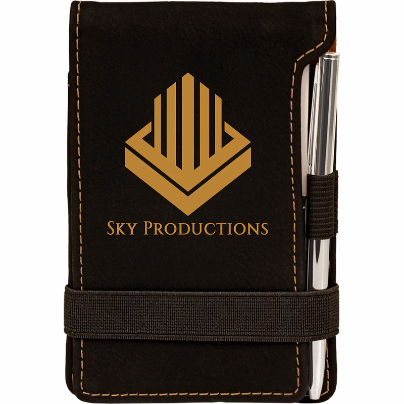 3 1/4" x 4 3/4" Black/Gold Leatherette Mini Notepad with Pen