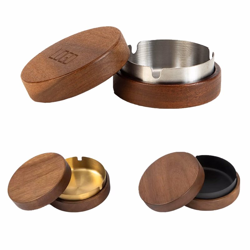 MOQ 20 Wooden Ashtray with Lid Acacia Wood Metal Insert