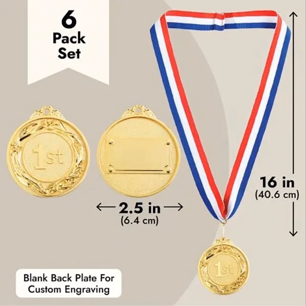 6 Pack 1st Place Gold Medals with 16 Inch Neck Ribbon
