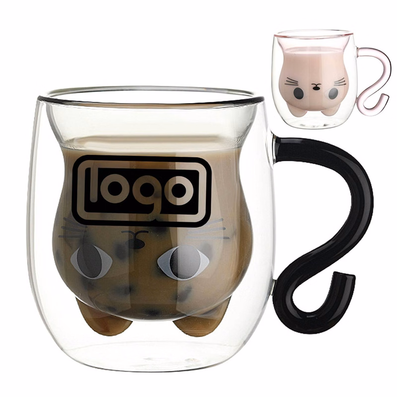 8oz Cute Cat Double Wall Glass Mug w/ Handle