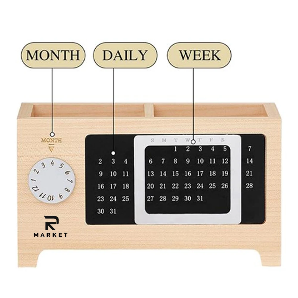 Wooden Desk Blocks Calendar Pen Holder With A Clock 1