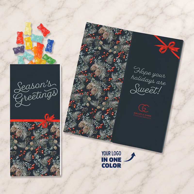 One Color Foil-Stamped Stock Pine Boughs & Berries Sweeter Cards with Albanese Gummi Bears