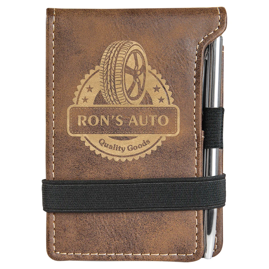 3 1/4" x 4 3/4" Rustic/Gold Leatherette Mini Notepad with Pen 1