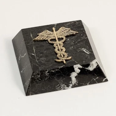 Black Marble Paperweight with Brass Medical Symbol 1