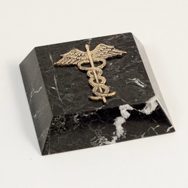 Black Marble Paperweight with Brass Medical Symbol