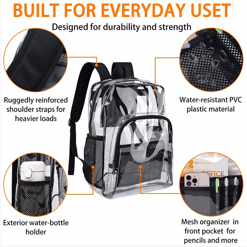 Heavy Duty 50C (0.5mm) PVC Clear Backpack w/ Side Mesh Pocket
