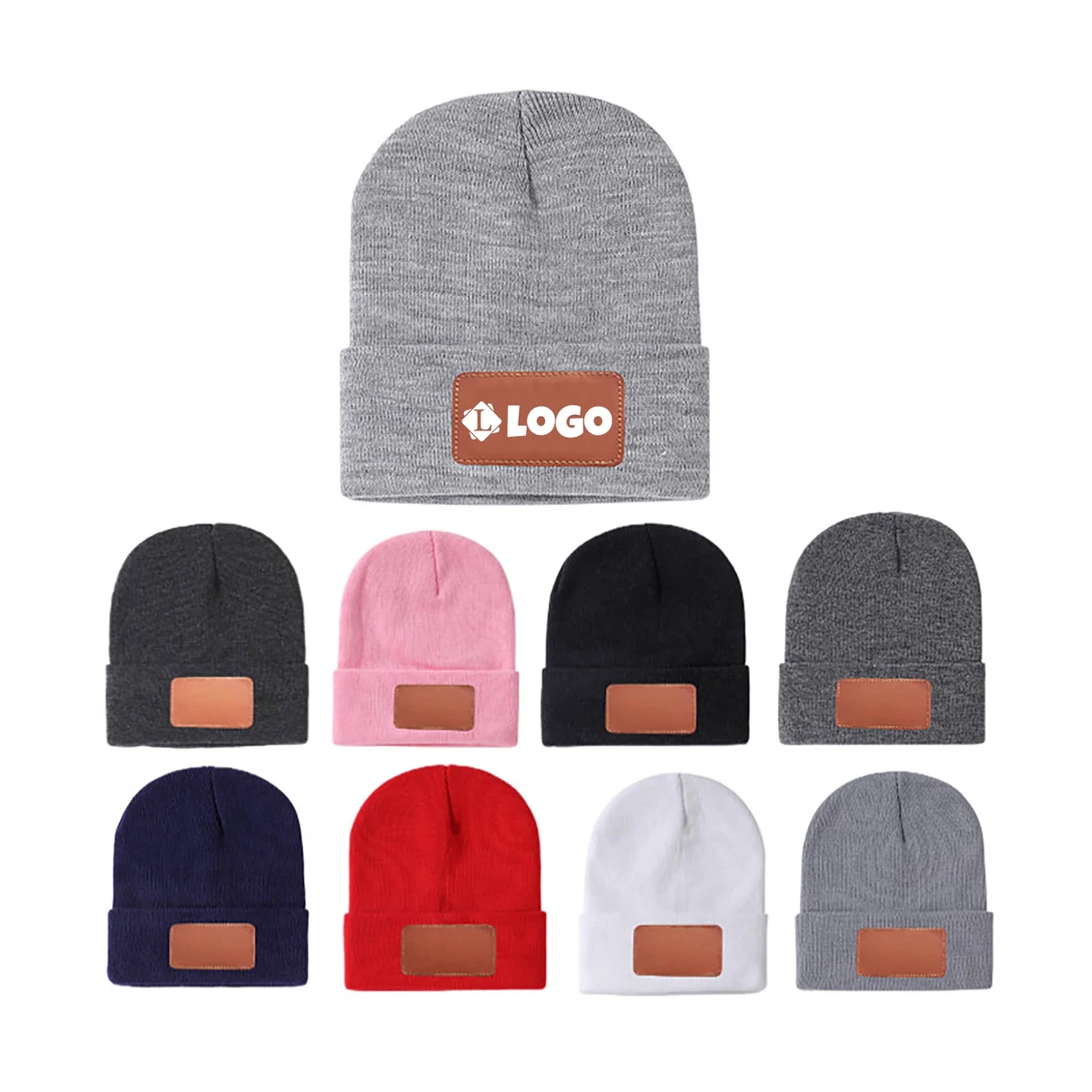 Warm Cozy Beanie Hat with Leather Patch 1