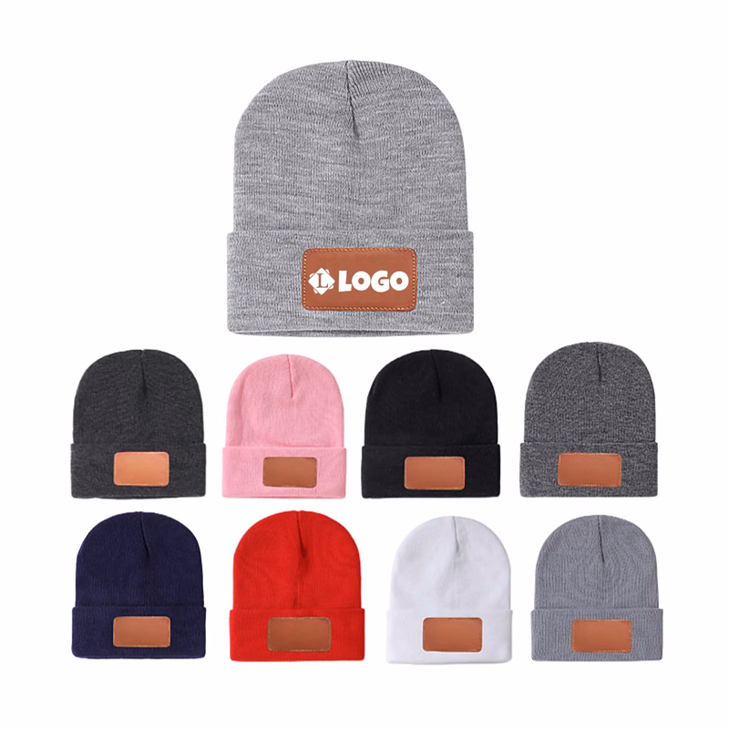 Warm Cozy Beanie Hat with Leather Patch