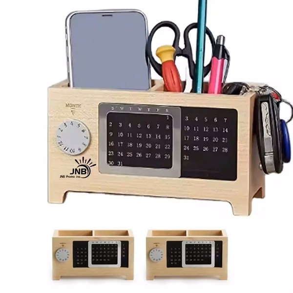 Wooden Perpetual Calendar with Pen Holder and Storage Box