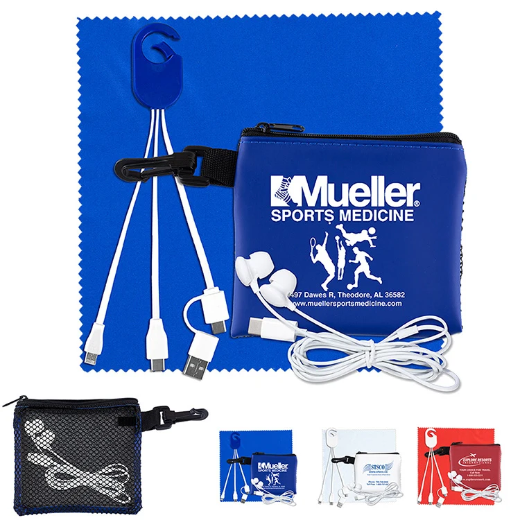 "TechMesh Hang Pro" Mobile Tech Charging Cable Kit in Mesh Zipper Pouch Components inserted into Zip 1