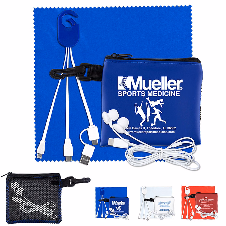 "TechMesh Hang Pro" Mobile Tech Charging Cable Kit in Mesh Zipper Pouch Components inserted into Zip