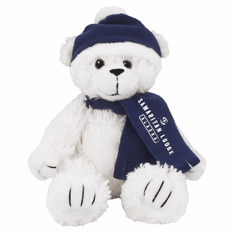 8" White Curly - Navy Winter Hat & Scarf With One Color Imprint