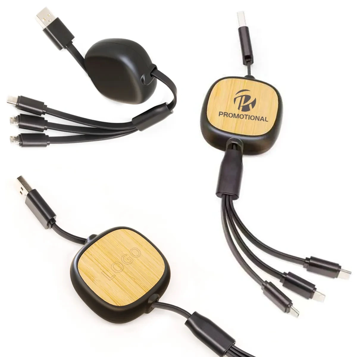 3 in1 Custom Bamboo Retractable Charging Cable 1