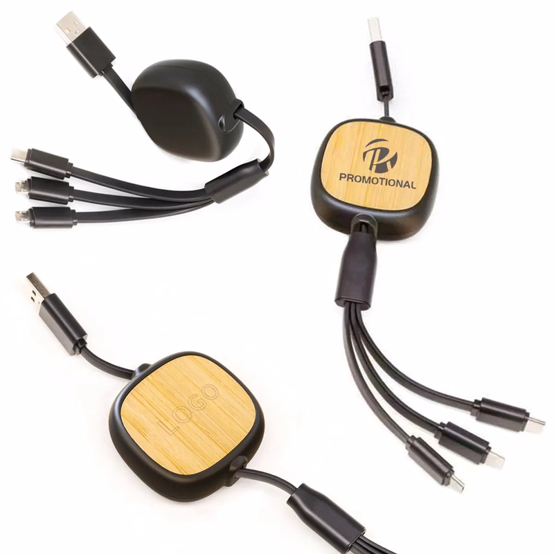 3 in1 Custom Bamboo Retractable Charging Cable