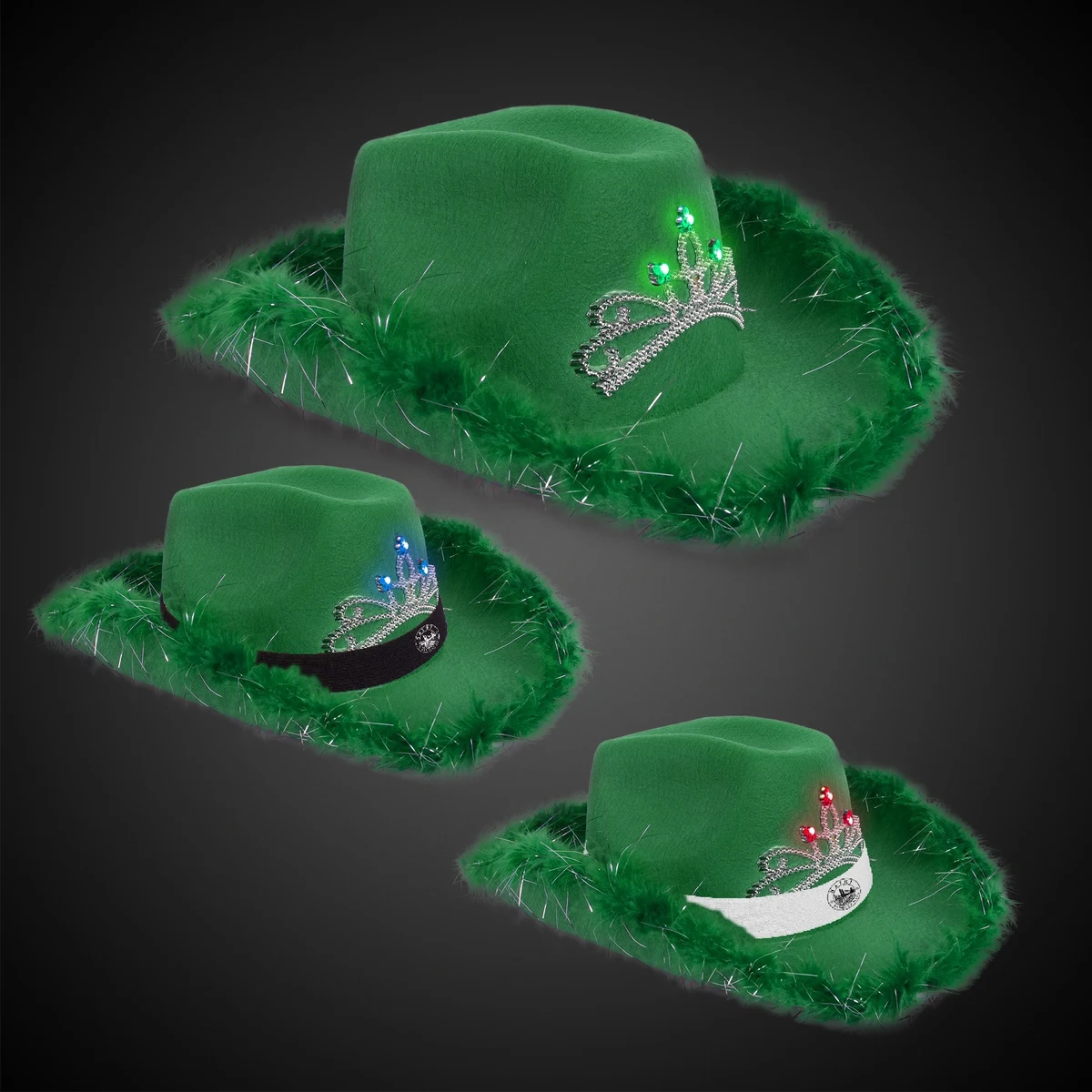 Green Light Up Cowboy Hat w/ Tiara and Feather(Blank) 1