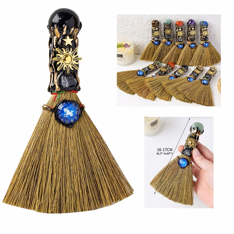 Natural Amethyst Citrine Pillar Broom With Crystal Raw Stone Magic Broom